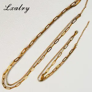 Lxalry 18K Gold Plated Waterproof Double Layer Chain Necklace & Bracelet Set – Non-Tarnish, Hypoallergenic, Summer Wedding Jewelry