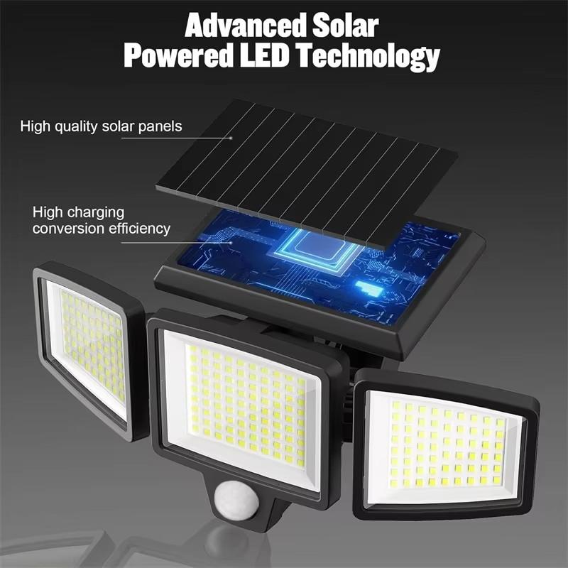 Solar Outdoor Lights 210 LED Security Lights with Remote Control 3 Heads Motion Sensor Lights270° Wide Angle Flood Wall Lights