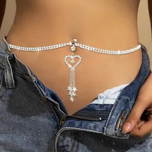 Sexy Rhinestone Fashion Belly Button Ring Waist Chain-Silvery Tassel Heart Shaped Body Chain Accessories