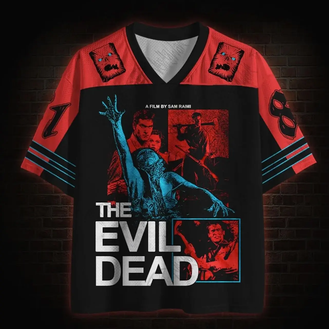 Deadite Mesh Jersey → Deadite Mesh Jersey, Horror Graphic Sports Jersey, Gothic Baseball Style Mesh Shirt, Halloween Streetwear Athletic Top 93D