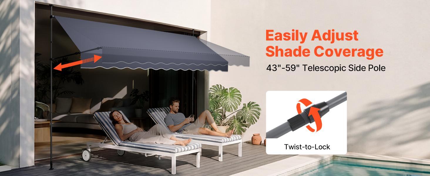 VEVOR Manual Retractable Awning, 138" Outdoor Retractable Patio Awning Sunshade Shelter, Height Adjustable Patio Door Window Canopy with Manual Crank Handle for Backyard, Garden, Balcony, Dark Gray