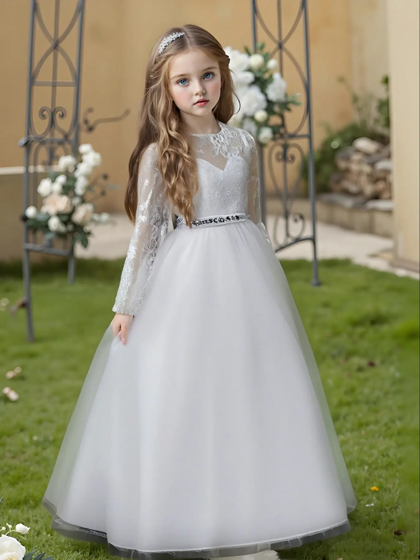 Girl's Rhinestone Decor Sheer Tulle Dress, Elegant Floral Lace Zipper Back A Line Dress for Party Wedding Guest, Kids All Seasons Clothes