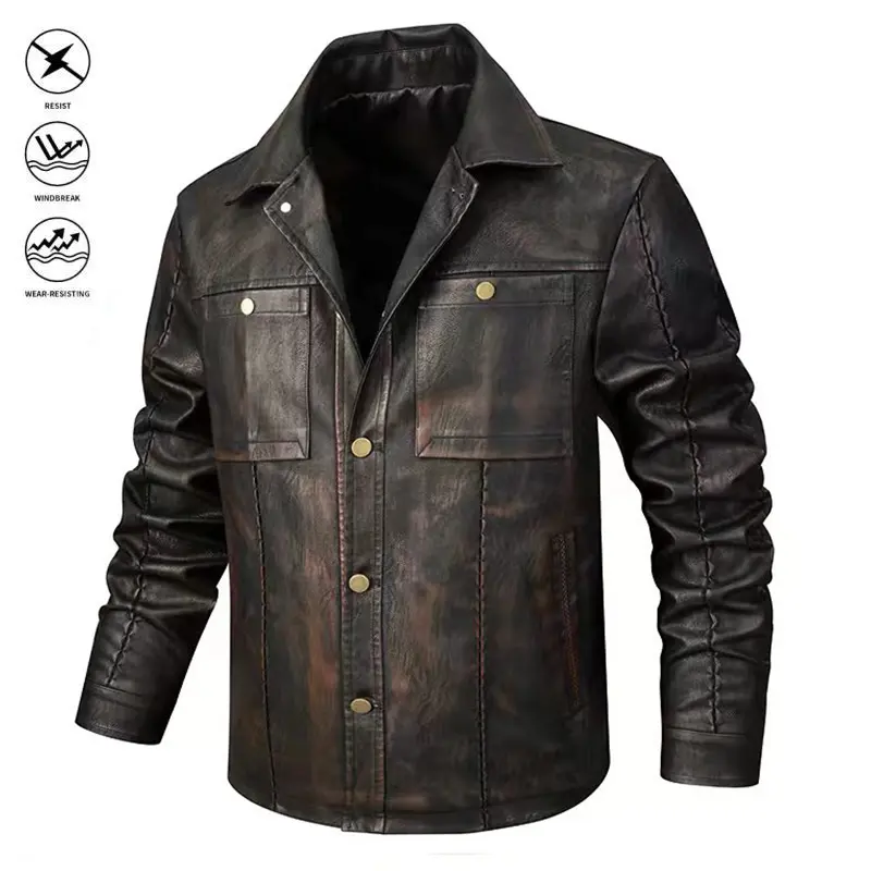 Men's Vintage Washed Faux Leather Work Jacket - Lapel Collar, Button Closure, 2 Chest Pockets, Distressed Finish, Windproof Retro Casual Outerwear (Workwear Men's Real & Faux Leather Jackets)