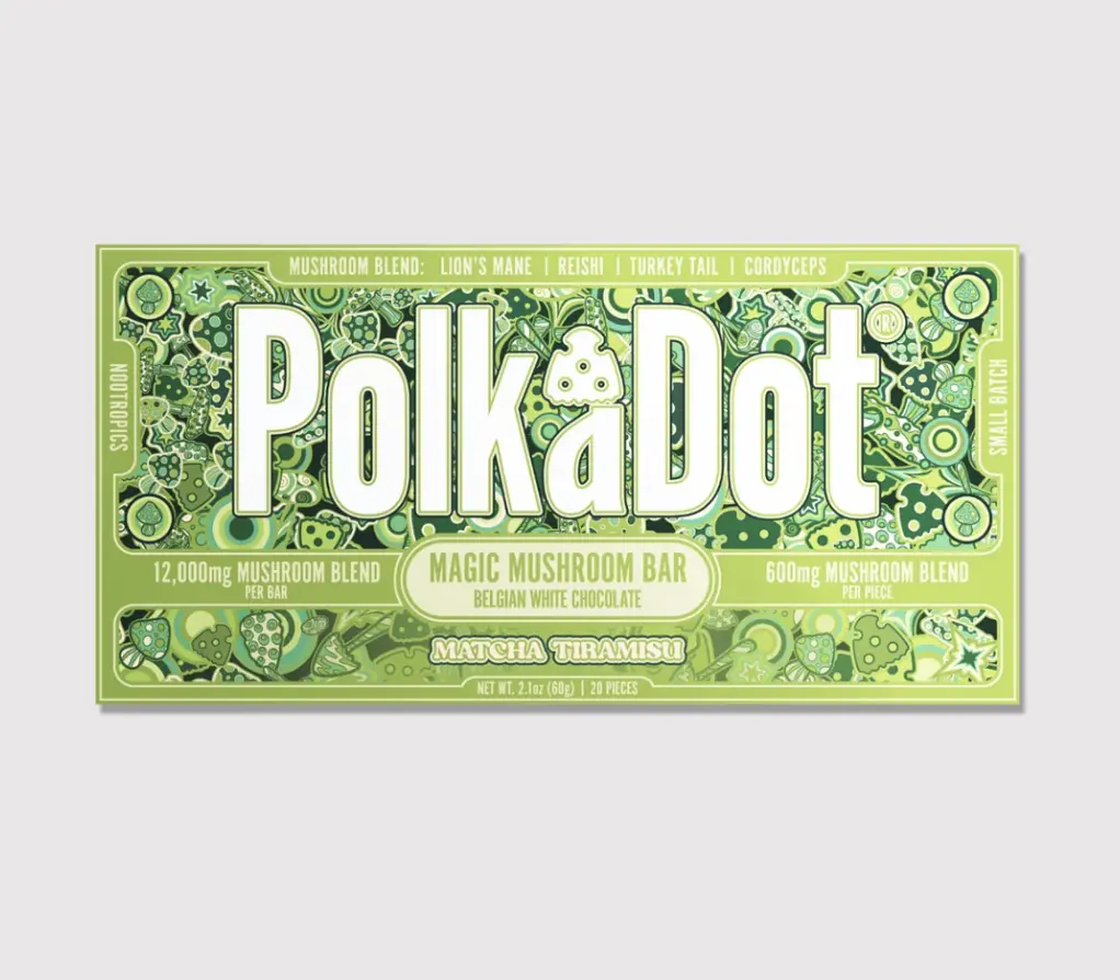 Polkadot Belgian Chocolate, 20 Count, High Potency Plant-based Mushroom Snack, Matcha Tiramisu, 100% Organic, High-Quality Ingredients, Made in USA, All Natural, Healthy Chocolate, 20 Piece Chocolate Bar