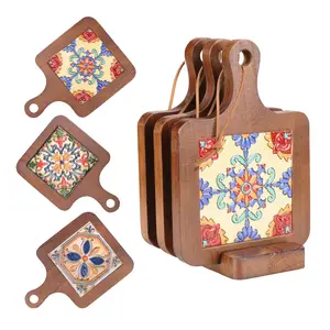 Wooden Trivets for Hot Dishes，3PCS Wooden Coasters with Organising Holder，Base is Also a Cell Phone Holder，Pot Holders for Kitchen，Trivets for Hot Pots and Pans，Hot Pad to Portect Your Countertop