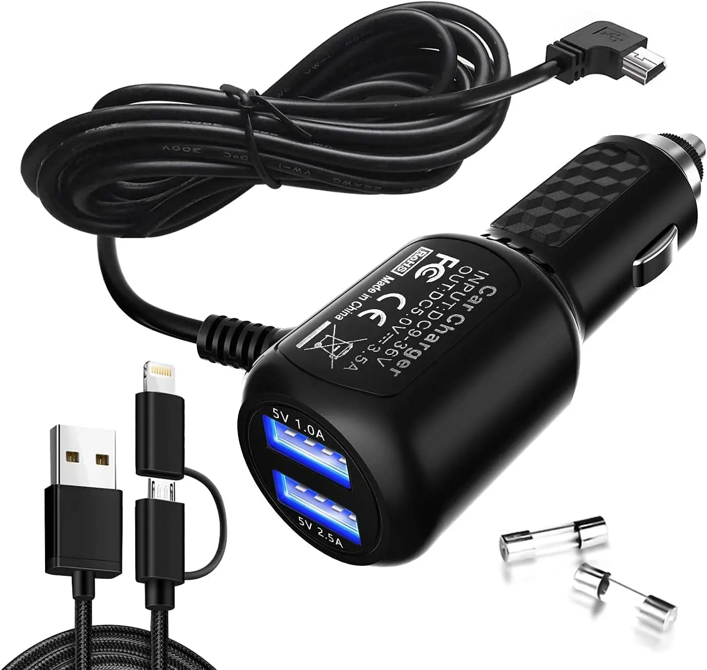 Car Charger for Garmin Nuvi, Garmin GPS Charger Cable,Mini USB Power Cord Cable Dual Port USB Vehicle Power Charging Cable Cord for Garmi Nuvi C255 Dashcam