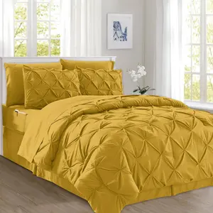 8-Piece Pleated Comforter Set - All Season Complete Bed in a Bag, Includes 4pc Sheet Set, Bed Skirt, Comforter, Matching Pillowcases and Shams, Full/Queen, Mustard Yellow