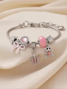 Cute Cartoon Bear & Heart & Crown Design Charm Bracelet, Rhinestone Decor Adjustable Link Bracelet, Fashion Accessories for Women & Girls, Valentine's Day, Gift
