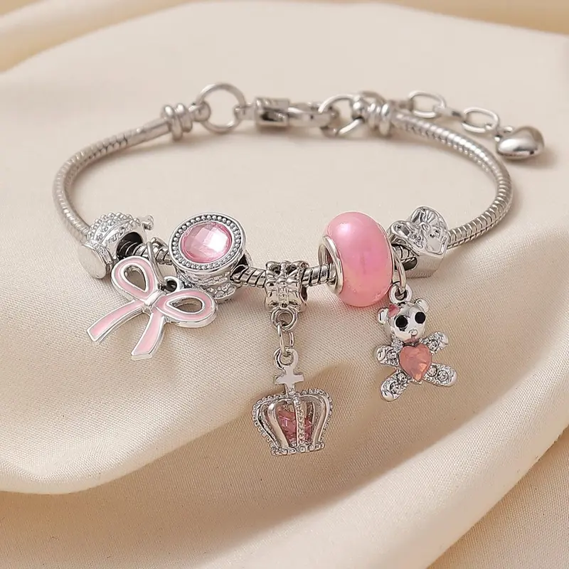 Mother's Day Gift Cute Cartoon Bear & Heart & Crown Design Charm Bracelet, Rhinestone Decor Adjustable Link Bracelet, Fashion Accessories for Women & Girls, Bracelet with Charms, Valentine's Day
