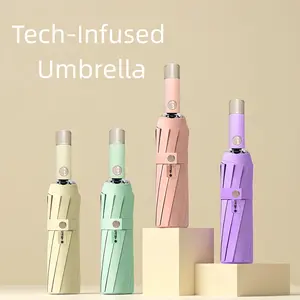 Tech-Infused Automatic Retractable Folding Umbrella for Men and Women Wind-Resistant Lightweight Compact Design with Padded Interior Reinforced Double Spandex 12-Rib Plastic Steel Rainy Day Dome Umbrella