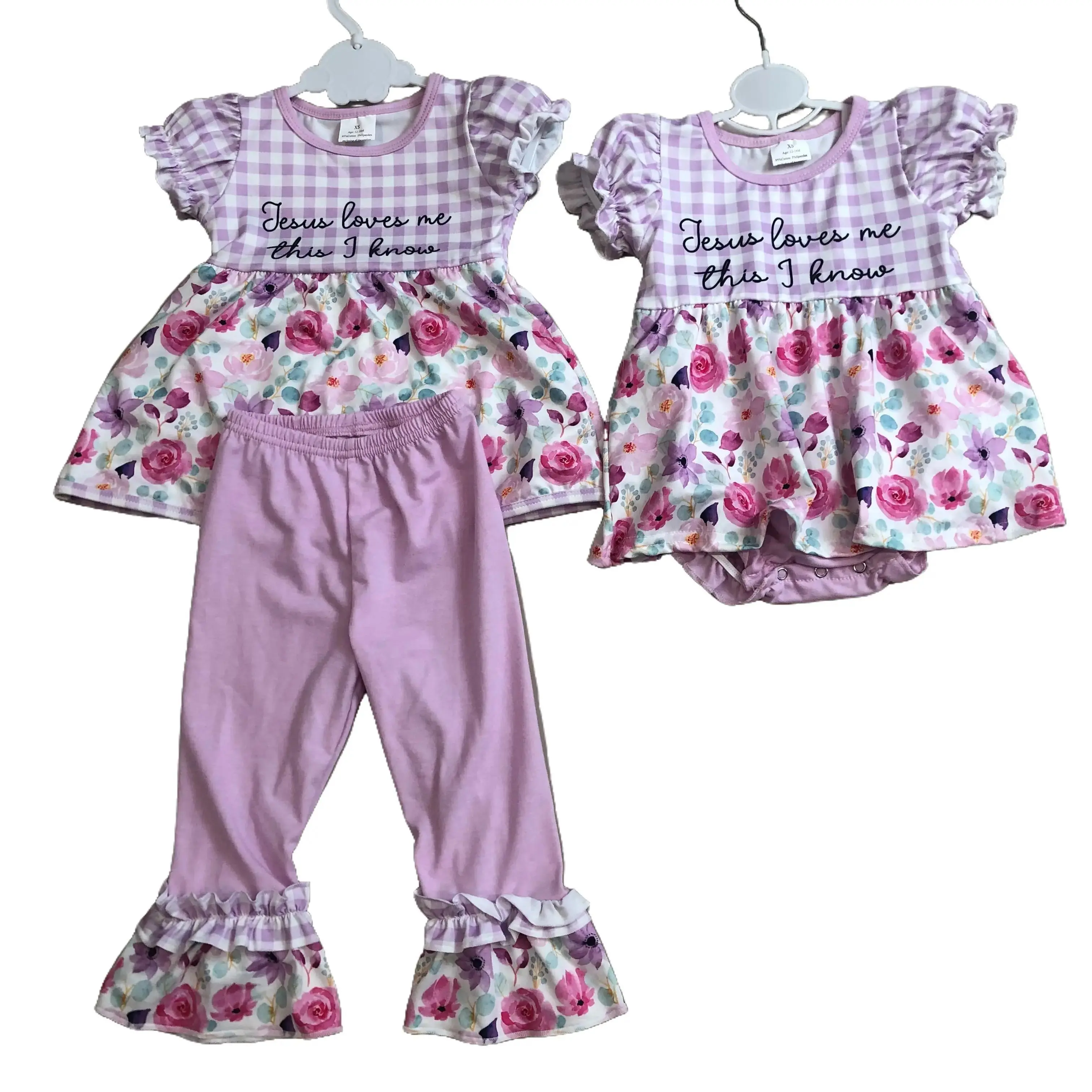 Toddler Girls' Purple Floral Print 2-Piece Set - Easter Jesus-Themed Spring Pants Outfit, Kids' Clothing Set GSPO2129