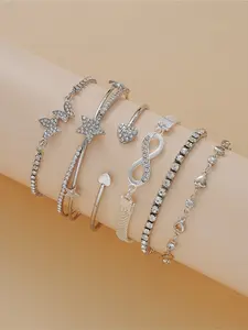 Women's Silver Color Bracelet Set, Rhinestone Butterfly Heart Star Design, Casual Jewelry Accessories for Women Daily Wear