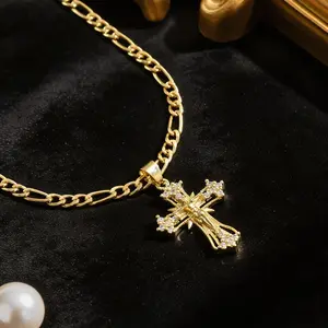 14K Gold Plated Moissanite Jesus Cross Pendant Necklace Elegant Trendy Aesthetic Affordable Christian Jewelry Gift for Women Daily Wear