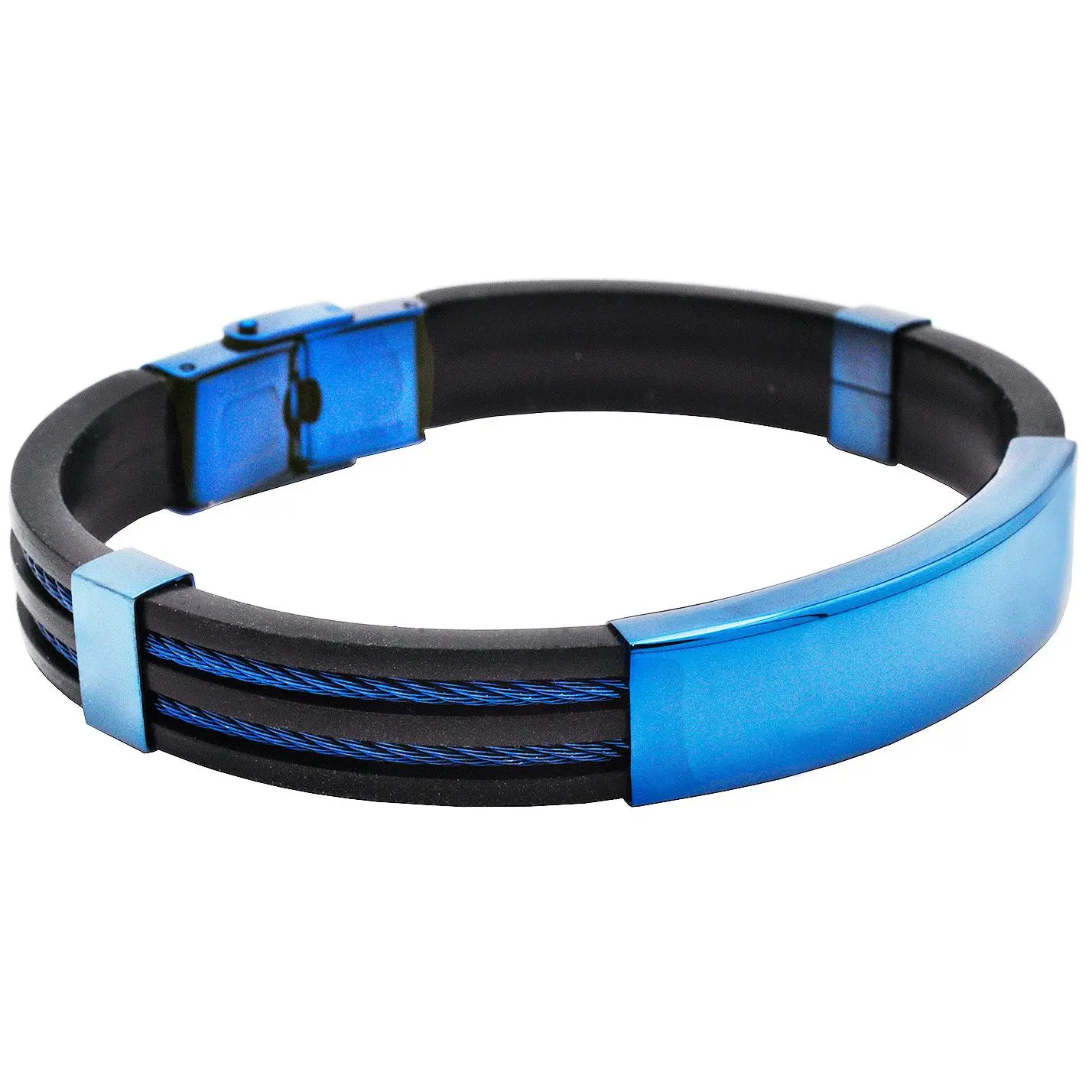Mens Blue Silicone Black Stainless Steel Wire Bangle ID Bracelet