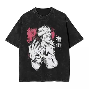 Ryoumen Sukuna Graphic Tees Oversized Shirts Men's Shirts Graphic Tees Oversized Shirts Men's Shirts Jujutsu Kaisen Vintage Washed Cotton Tee Red Ink Print Streetwear Casual Daily Wear Outfit With Denim Jeans Sneakers Cap Ideal Gift For Anime Fans