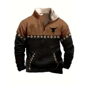 Men's Aztec Western Fleece Jacket Cowboy Bull Head Print Pullover 1/4 Zip Stand Collar Fall Long Sleeve with Front Pocket Vintage Tops Coats FabricQQ1235