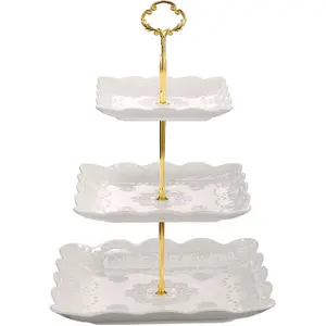 3 Tier Porcelain Cupcake Stand, Tiered Serving Cake Stand, Square White Embossed Dessert Stand, Weddings Parties Pastry Serving Tray