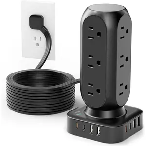 Flat Plug Power Strip Tower, Dual PD 20W USB-C Surge Protector with 12 AC Outlets & 8 USB Ports (4 USB C), 40W Total Fast Charging Station, 10FT Extension Cord for Desk Office Dorm Room