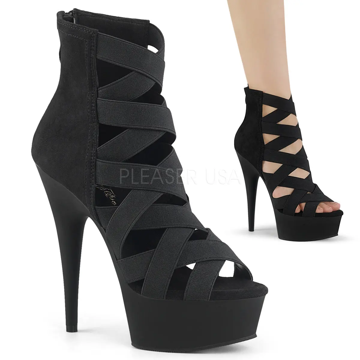 Open Toe Heels for women, Cage Style Bootie featuring a Lattice Design and Criss Cross Elastic Straps, 6 in Heel with Back Zip Closure Footwear, Platform, Sandal, Elastic Bands, 1 3/4" (45Mm) Platform, 6-Inch Heel