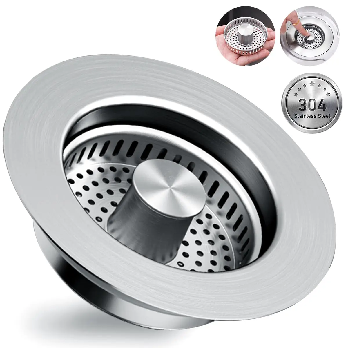 3-in-1 Kitchen Sink Drain Strainer Stopper, Upgraded Stainless Steel Sink Plug with Anti-Clog Filter Basket, Fits Standard 3-1/2 Inch Drain Hole, Pop Up Garbage Disposal Cover Food Catcher, Mesh Drain Stoppers, Modern Drain Protectors