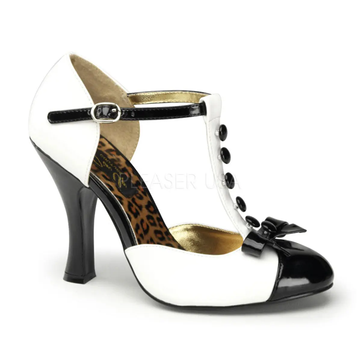 Women's Classy D'orsay T-Strap Pumps, Patent Color Block High Heels with 4-in Heel and Mini Bow Accent, Party Footwear, 4 Inch Heel