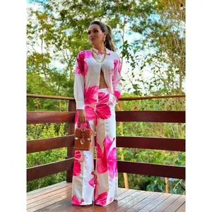 Women's Floral Print Button Front Shirt & Wide Leg Pants Two-piece Set, Long Sleeve Collared Top & Trousers, Two Piece Set Women,?Casual Spring & Fall Outfits Clothes for Ladies, Clothing Set, Womenswear(gift) Suits Gamis