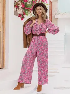 Printed Ruffled V-Neck Balloon Sleeve Jumpsuit