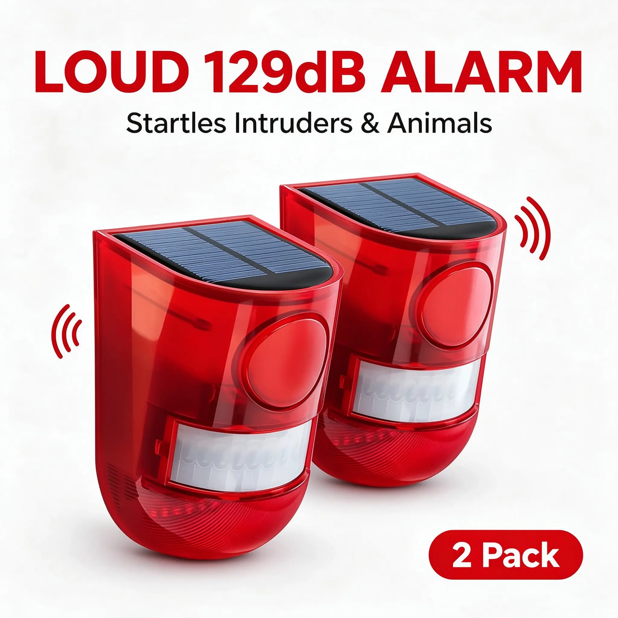 129dB Solar Powered Motion Sensor Siren Alarm, 6 LED Flash Modes, IP55 Waterproof Outdoor Security Warning Light for Home, Farm, Chicken Coop and Driveway, Also Available in 1 and 2 Pack and 4 Pack