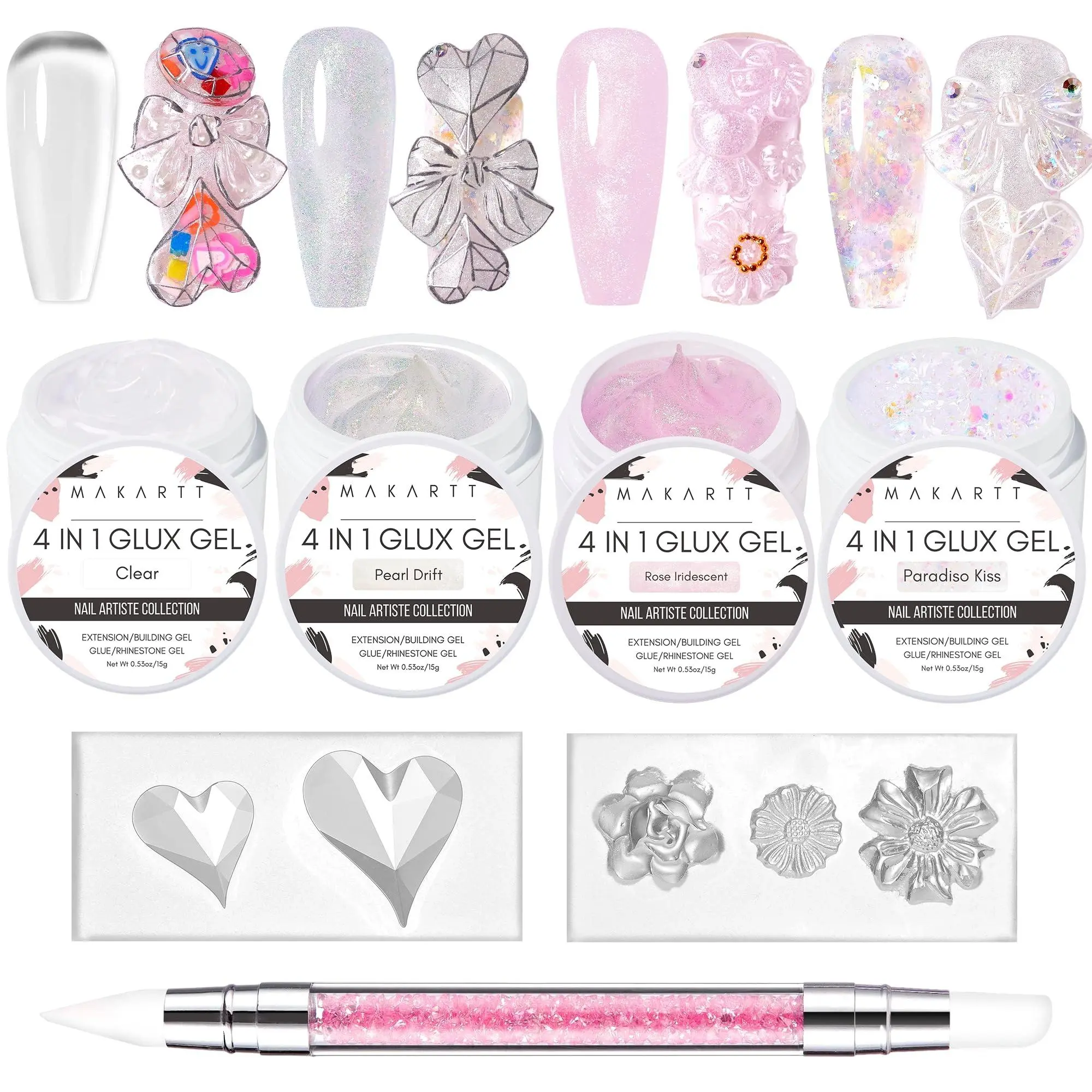 Makartt Valentine's Day Solid Builder Gel Trial Kit - Nail Extension, UV Glue, Rhinestone Gel, 3D Sculpture, with Silicone Molds and Sculpting Brush Nail Art Nail Care