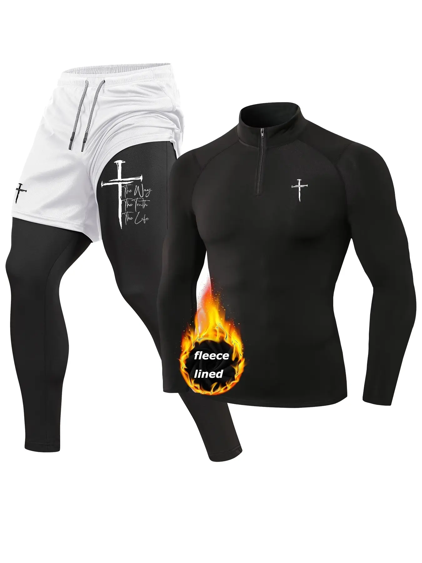 Nail Cross Print Fall Winter Workout Running Athletic Clothing Set for Men, Thermal Warm Fleece Lined Baselayer, Zippered Mock Neck Long Sleeve Compression Shirt, Quick Dry 2-in-1 Leggings Pants with Phone Pocket, Towel Loop, Zipper Pocket