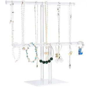 Acrylic Jewelry Stand Necklace Holder - Clear 2-Tier Tower Stand for Bangles, Necklaces, Bracelets, Rings & Earrings with Elegant Design Boxes Gift