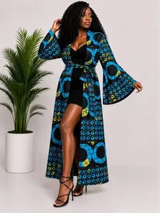 Blue African Print Maxi Kimono | Ankara Belted Duster Cardigan | Luxury Resort Wear & Vacation Outfit