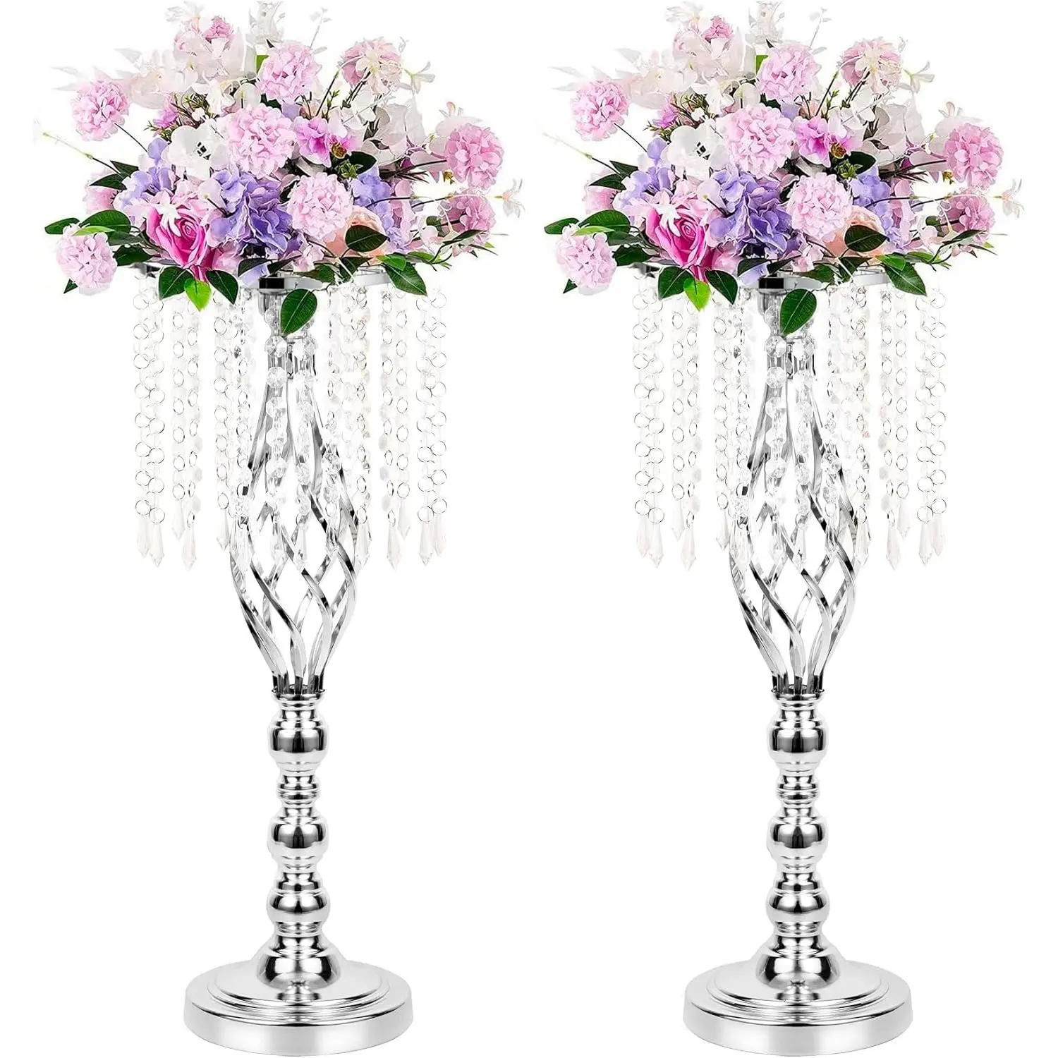 LANLONG 2pcs Silver Metal Flower Vases Crystal Flower Stand Wedding Centerpieces for Tables Party Dinner Event Restaurant Hotel Decoration