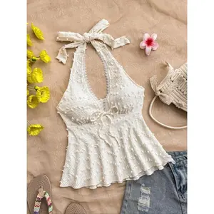 Women’s Swiss dot textured halter neck top, casual sleeveless top for holiday vacations, ladies summer clothing, casual sleeveless cami, womenswearGARMENTARY