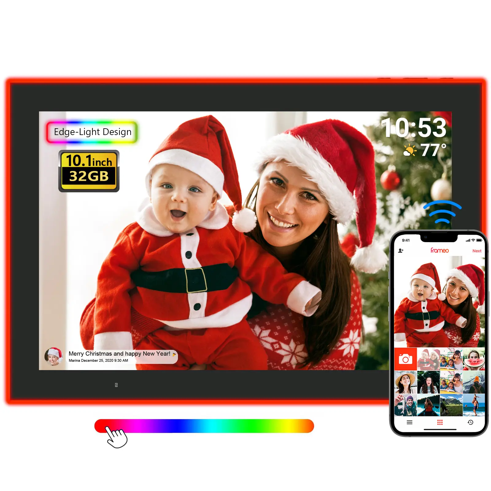 FRAMEO WiFi Digital Picture Frame,Edge-Light Design10.1 inch Photo Frame 32GB,HD IPS Touch Screen LED Light, Wall-Mounted,Easy Set Up Share Photos and Videos via Frameo App summerwins