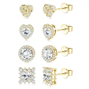4 Pairs CZ Stud Earrings for Women Sterling Silver Post for Sensitive Ear Brilliant Celtic Heart Big Stud Earrings Set