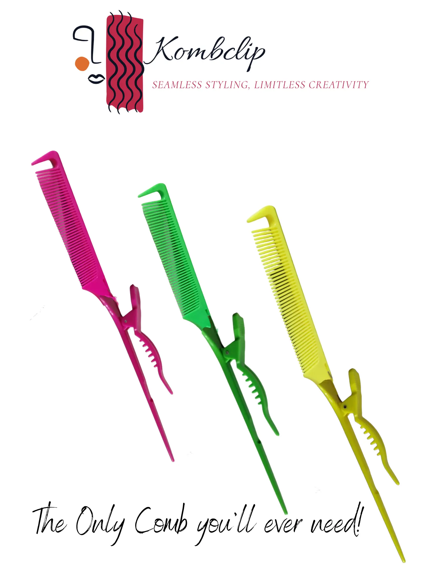 Kombclip - Multipurpose Rat Tail Comb, Parting Apex & Alligator Clip Tool Perfect for Hair Styling, Sectioning, Braiding, Combing, Coloring & Cutting - Durable, Heat Resistant. Haircare Heatless. Available in Passion Pink, Sunny Dayz, and Spring Fling.
