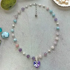 Morganite & Cultured Pearl Necklace with Pendant. Natural Morganite Necklace. Morganite Beaded Necklace.Handmade  jewelry.