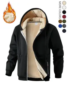 Men's Solid Zip Up Pocket Plush Lined Drawstring Hooded Jacket Coats, Regular Fit Casual Warm Long Sleeve Outerwear for Fall & Winter, Menswear for Daily Wear