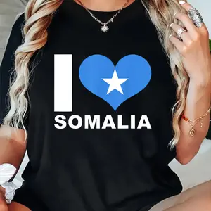 "Express Love for Somalia with Our Women's Black Cotton T-Shirt - Stylish 180g Printed Graphic Short Sleeve I Heart Design - Comfy Crewneck, Perfect for Casual Wear or Travel, Celebrate Culture and Style with this Essential Tee"