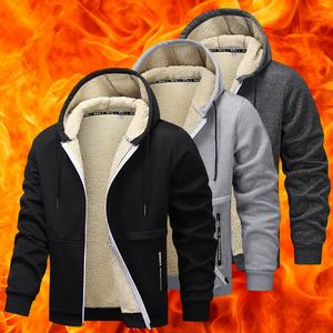 Men's Casual Zipper Wool Lined Hoodie - 100% Polyester Solid Color Long Sleeve Jacket, Lightly Stretchable Fabric, Suitable for Spring, Autumn, Hiking & Outdoor Activities, Regular Fit Hooded Sports Shirt, Men’s Warm Coat, Day Fleece Menswear  Beige Black