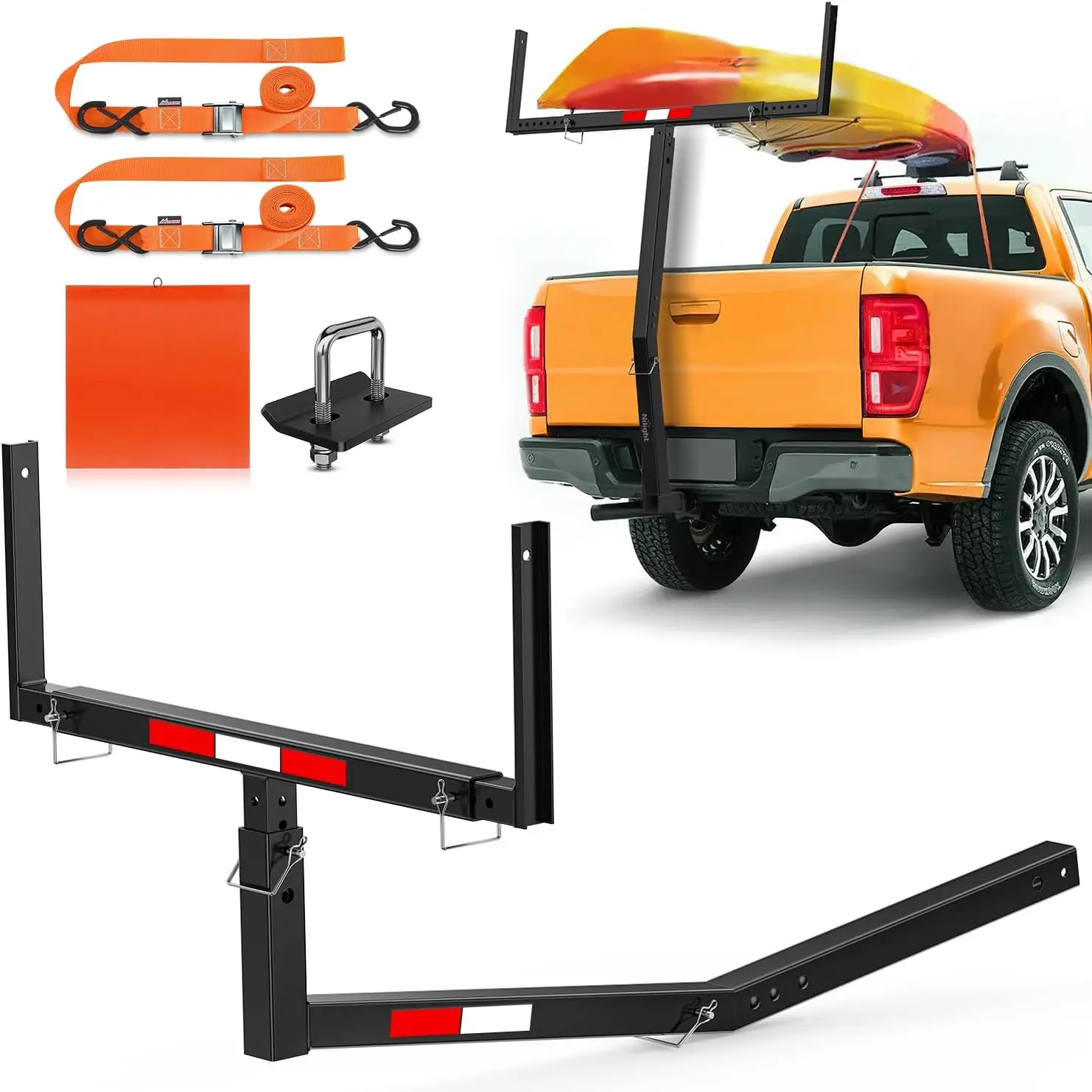 Nilight 2-in-1 Hitch-Mount Vehicle Truck Bed Extender, Adjustable Car Exterior Accessory with Ratchet Straps, Reflective Strips, Quick-Release Receiver Tightener, Flag, Fits 2-in Hitch Receiver for Pickups