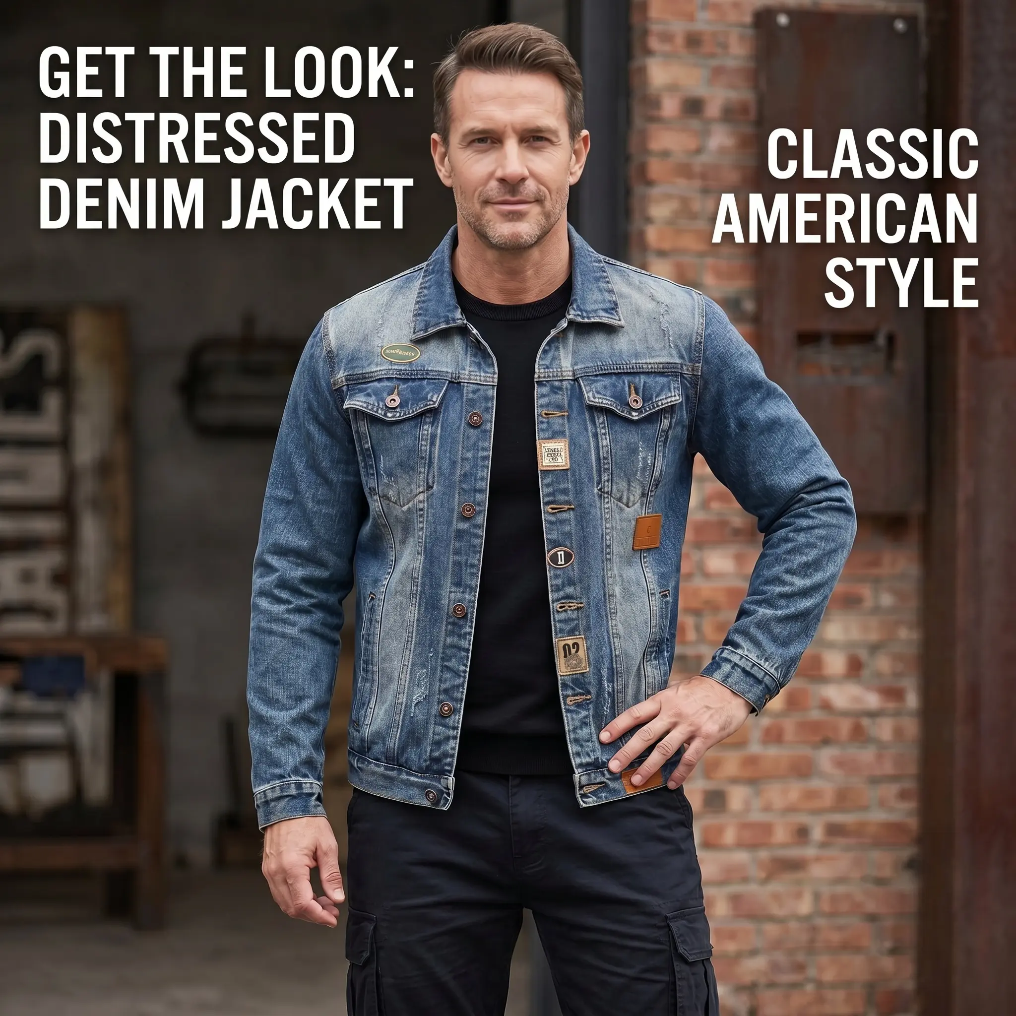 Menswear Vintage Denim Jacket - Distressed Ripped, Heavy Washed, 3D Cut, Patchwork, Lapel Collar, 5-Button, Loose Fit, Western Style, All-Season Layering, Sturdy Fashion Casual Street Style Men’s Coat [LIVING]
