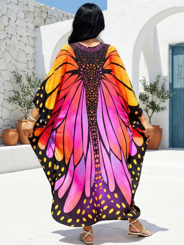 EDOLYNSA kaftans for woman Moo Moo Dress printing beach dress comfy muumuu caftan Batwing Sleeve relaxed robe bathing suit cover up holiday outfits Q1869