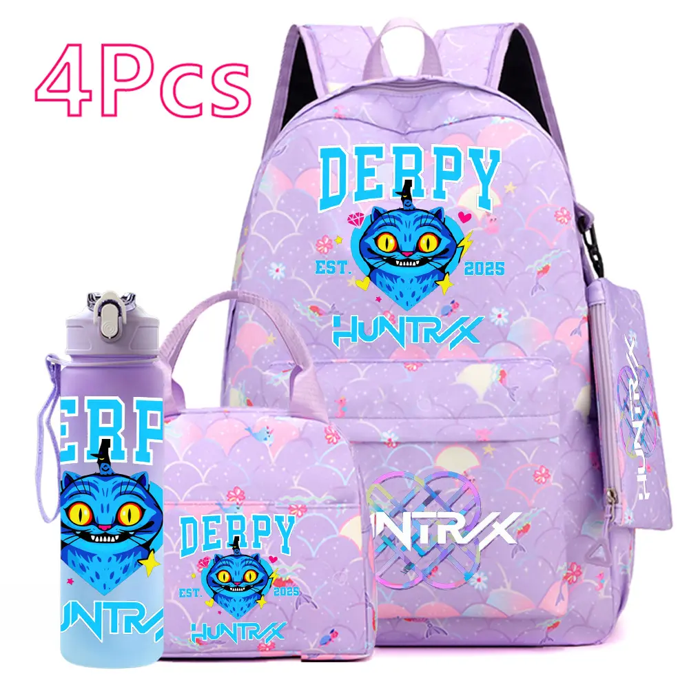 2026 HUNTR/X purple  KPop Backpack Set 4PCS | Girls School Bag with Lunch Bag & Water Bottle