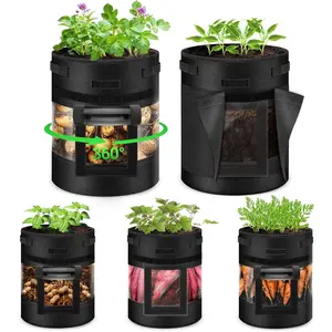 5 Pack 10 Gallon 360? Visible  Grow Bags with Shading Flap & Harvest Window - Heavy Duty 400g Non-Woven Fabric  Bags for Growing Potatoes with 10 Green Labels,  Growing Containers
