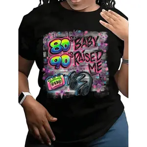 Women's retro pop T-shirt with 80s and 90s neon color cassette pattern design, comfortable short-sleeve top, suitable for themed parties, daily outings, and fashionable versatile item