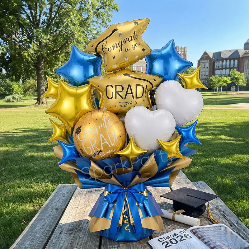 15pcs Graduation Party Balloon Bouquet Set, Hat Shape, 18inch Round, Star, Heart Balloons, Heart Shaped Balloons, 2026 Ceremony Decorations, Balloon Party Supplies, Grad Foil Balloon