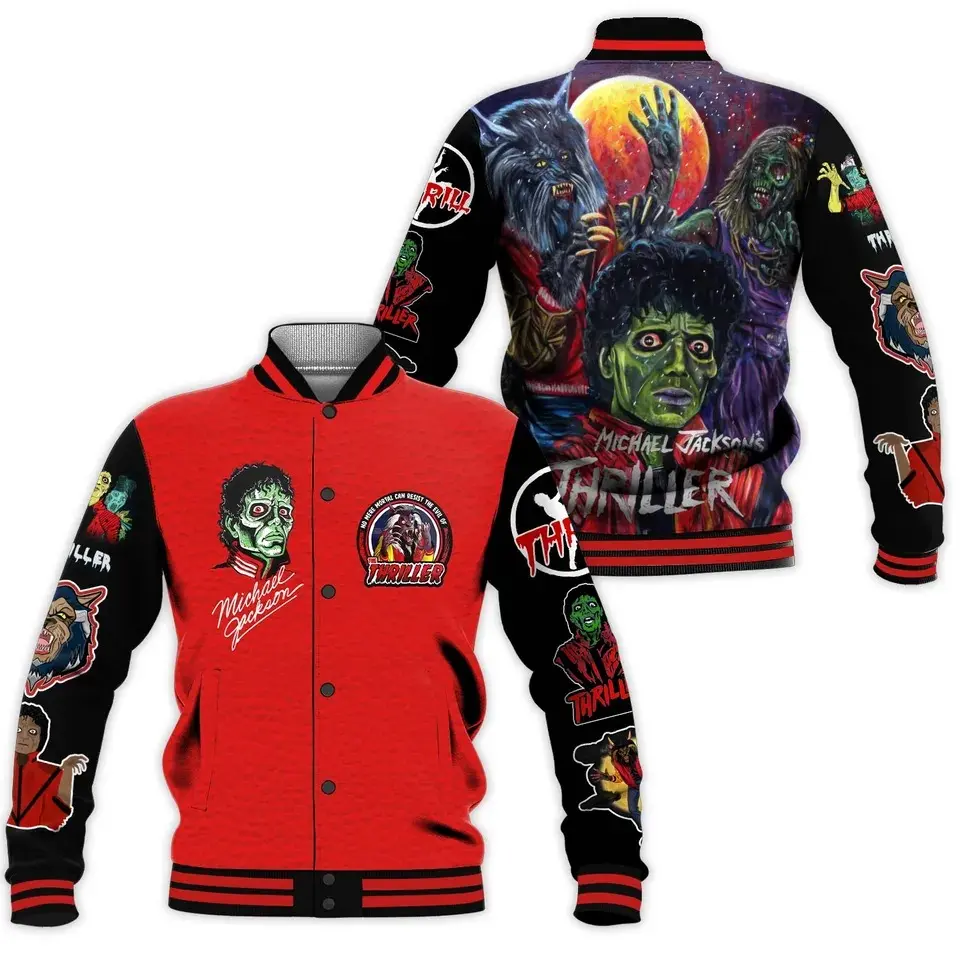 Zombie Jackson Face Full Moon Werewolf Graphic Varsity Jacket Loose Fit Casual Sports Outerwear For Men Women Fall Winter Spring Button Up Letterman Baseball Jacket Apparel