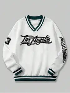 Men's V-Neck Pullover Sweatshirt, Casual Loose Long Sleeve, Los Angeles Letter Print, Sporty Fashion, Comfortable Design, Casual Streetwear Sweatshirt